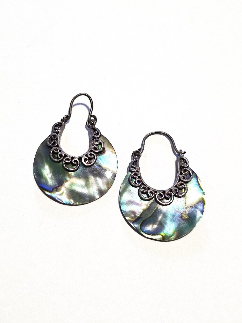 Abalone shell filigree earrings - unmarked Mexican silver